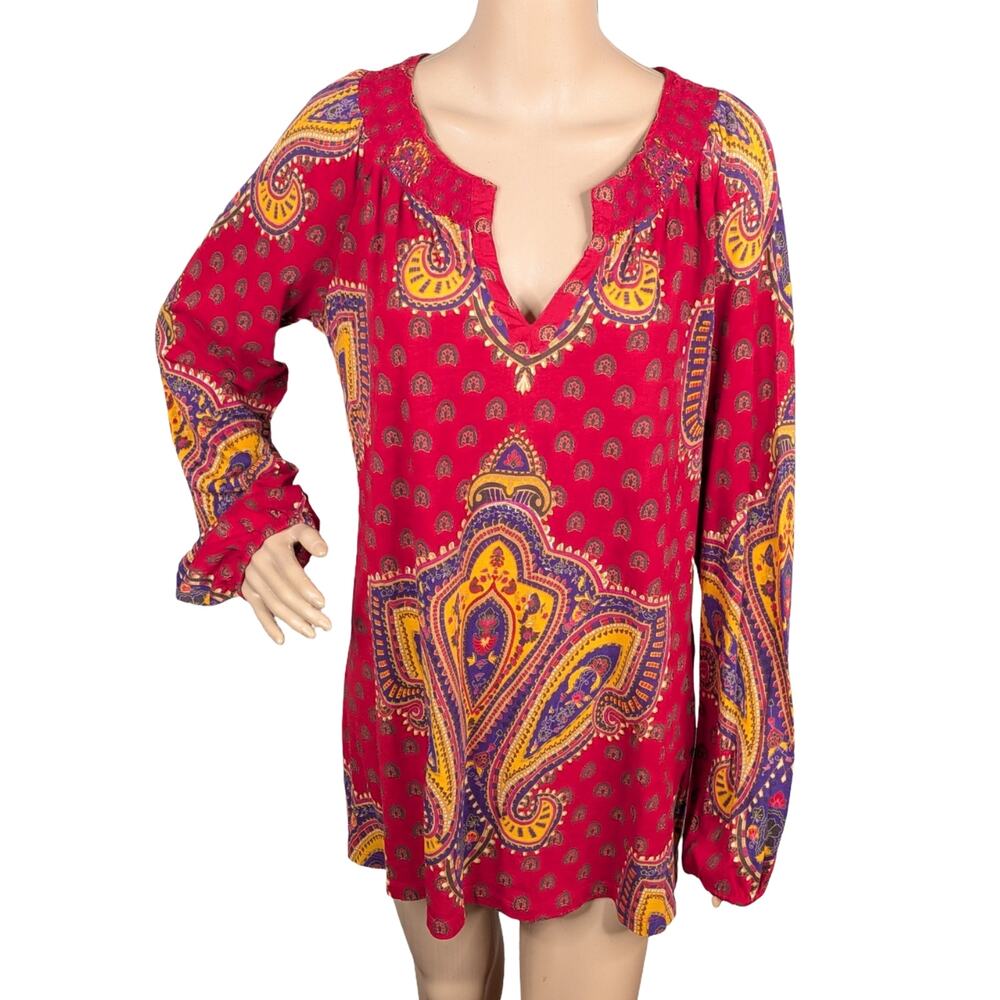 Vintage Y2K Lucky Brand Red Paisley Cotton Tunic XL Boho Smocked Puff Sleeve